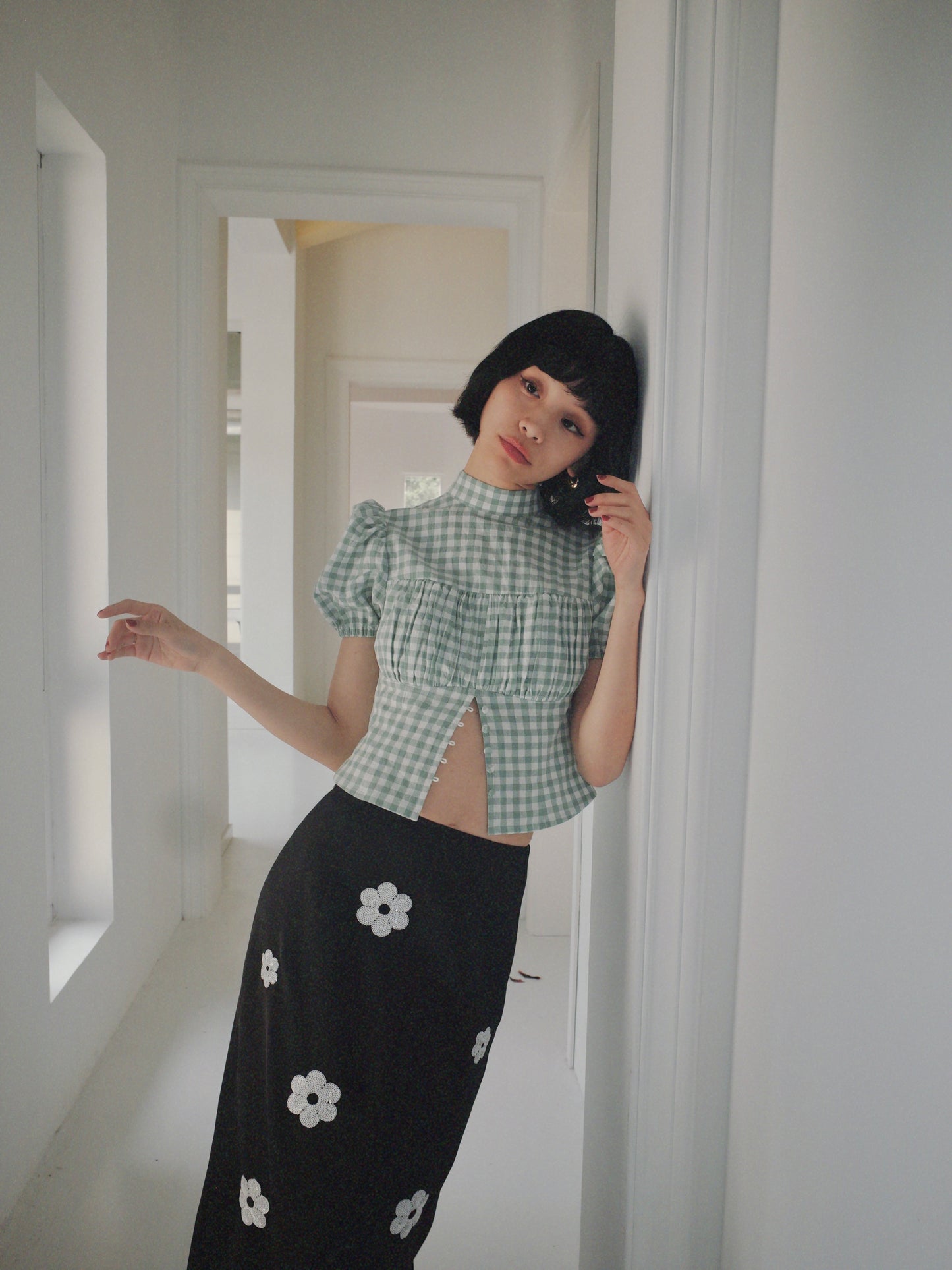 DEERTRIP | French Check | High-Neck Peplum Blouse
