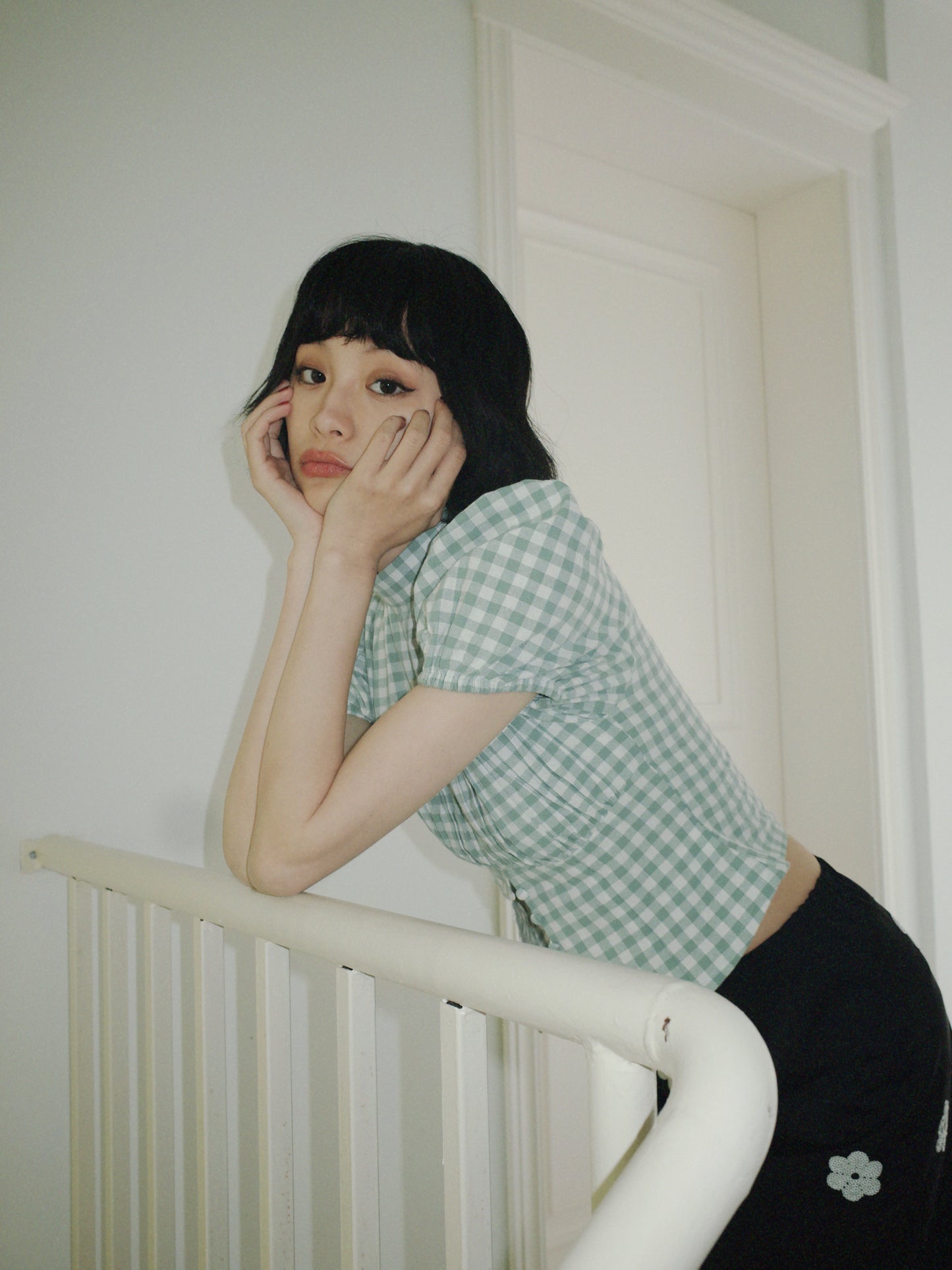 DEERTRIP | French Check | High-Neck Peplum Blouse