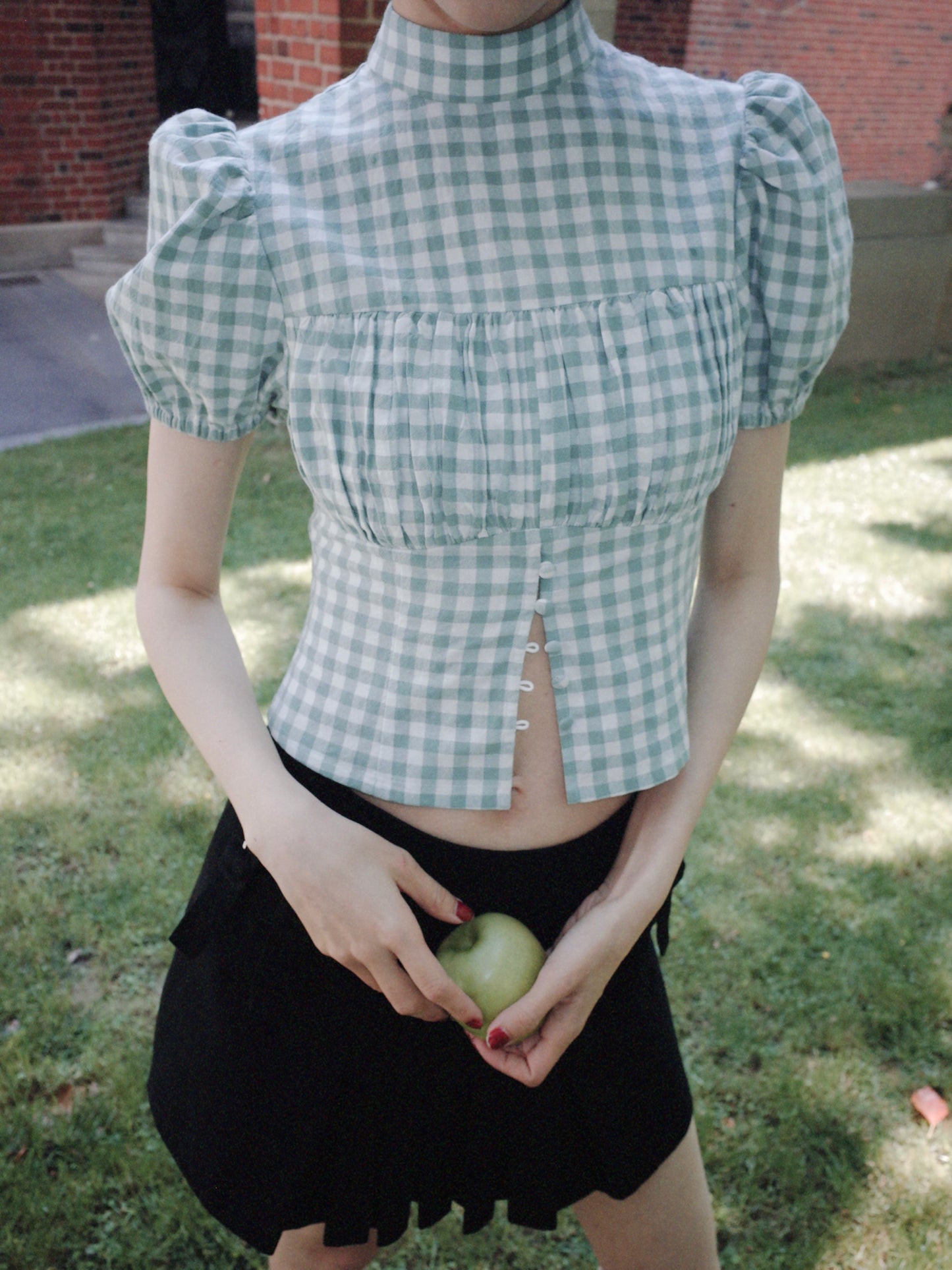 DEERTRIP | French Check | High-Neck Peplum Blouse