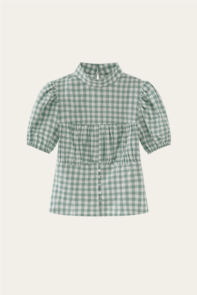 DEERTRIP | French Check | High-Neck Peplum Blouse