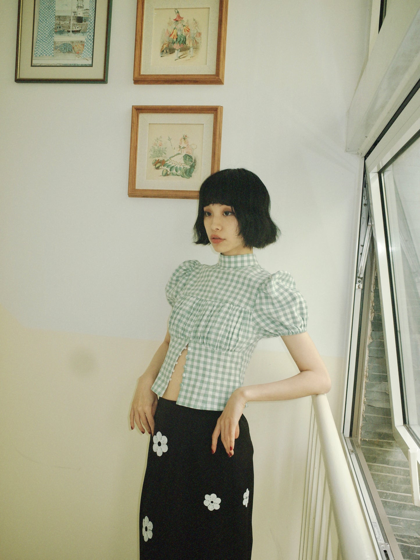 DEERTRIP | French Check | High-Neck Peplum Blouse