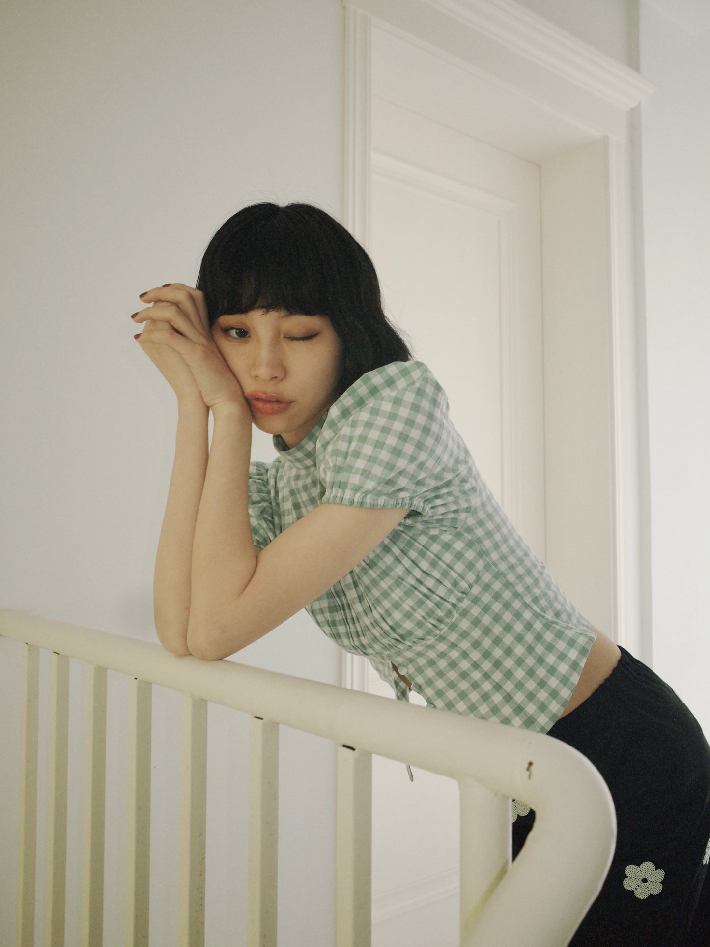 DEERTRIP | French Check | High-Neck Peplum Blouse