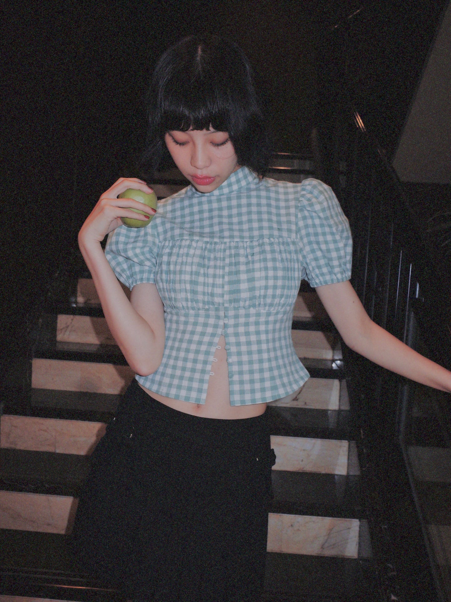 DEERTRIP | French Check | High-Neck Peplum Blouse