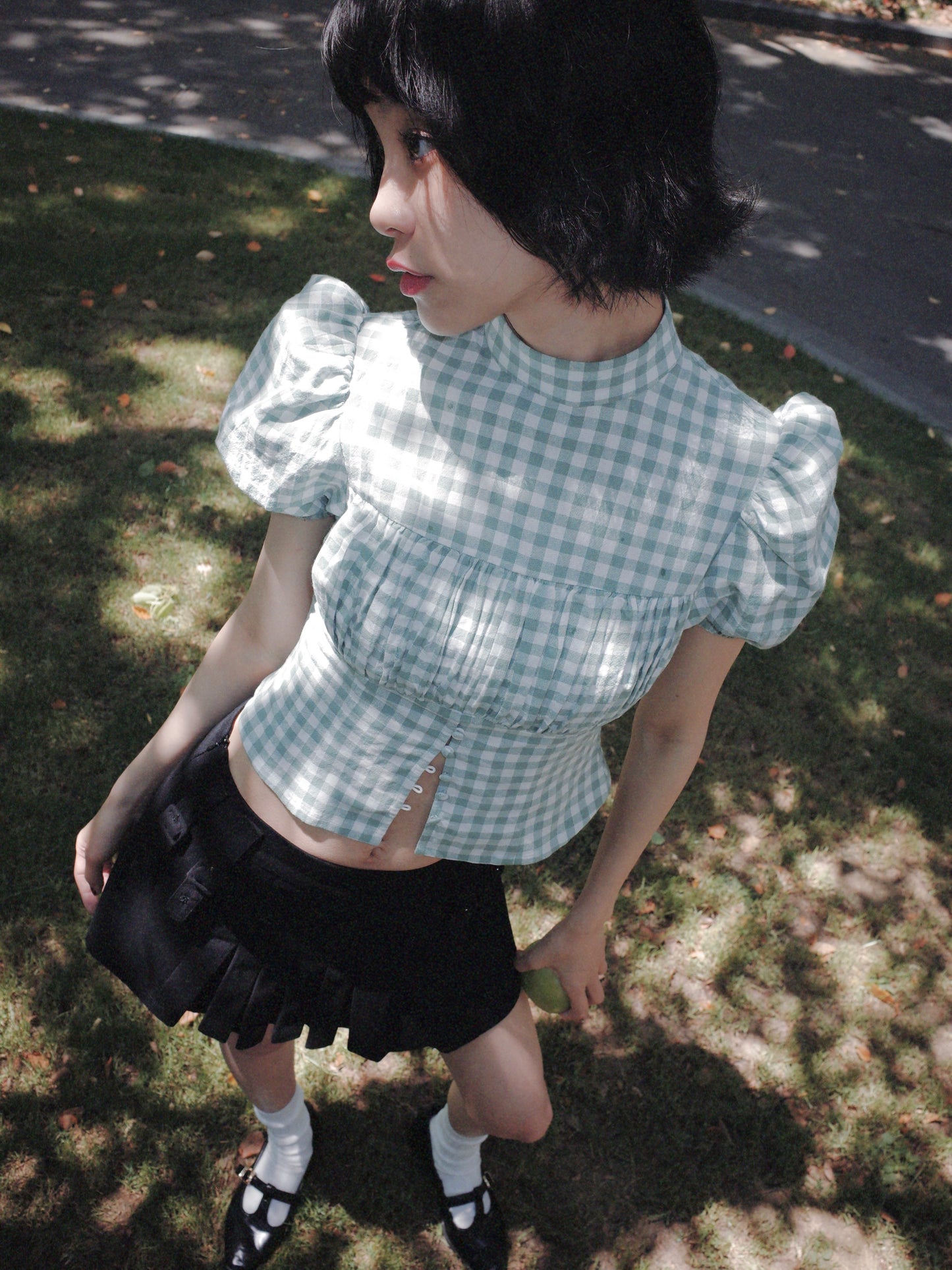 DEERTRIP | French Check | High-Neck Peplum Blouse