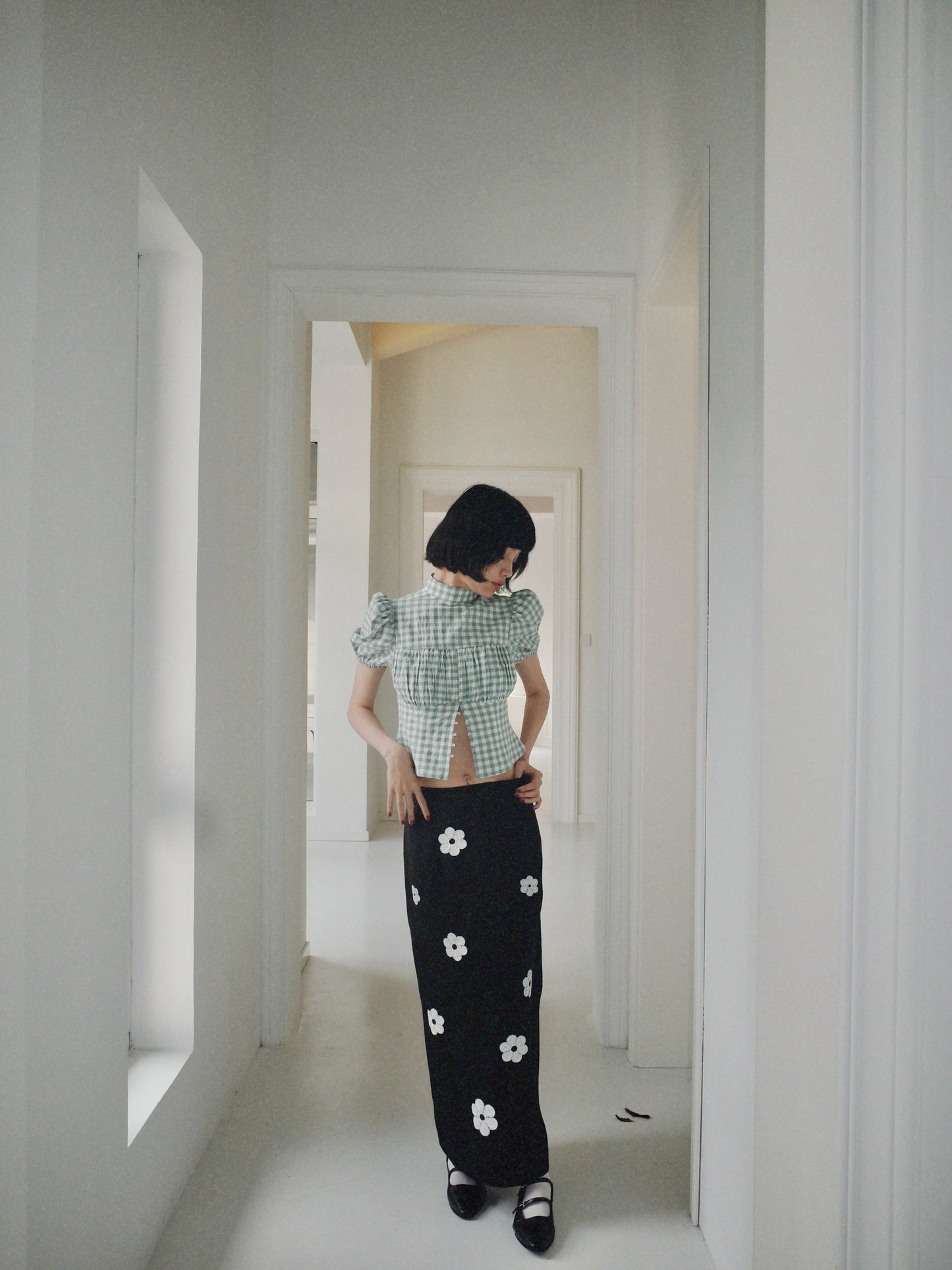 DEERTRIP | French Check | High-Neck Peplum Blouse