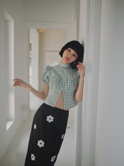 DEERTRIP | French Check | High-Neck Peplum Blouse