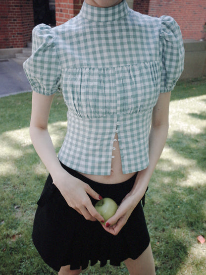 DEERTRIP | French Check | High-Neck Peplum Blouse