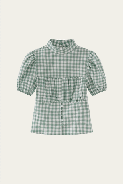 DEERTRIP | French Check | High-Neck Peplum Blouse