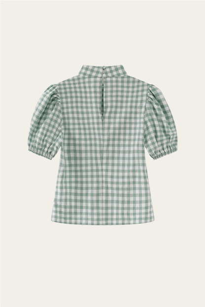 DEERTRIP | French Check | High-Neck Peplum Blouse