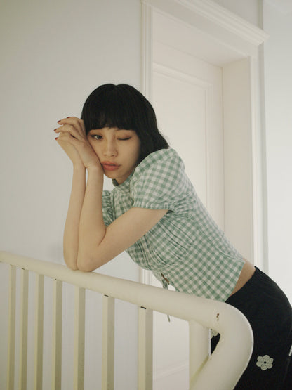 DEERTRIP | French Check | High-Neck Peplum Blouse