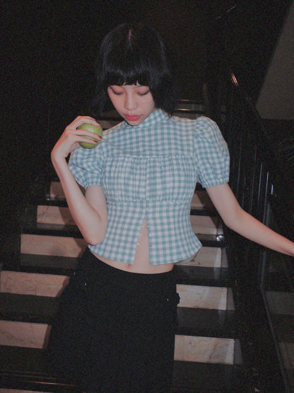 DEERTRIP | French Check | High-Neck Peplum Blouse