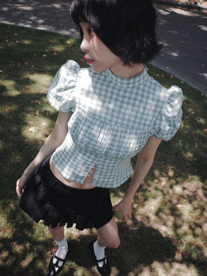 DEERTRIP | French Check | High-Neck Peplum Blouse
