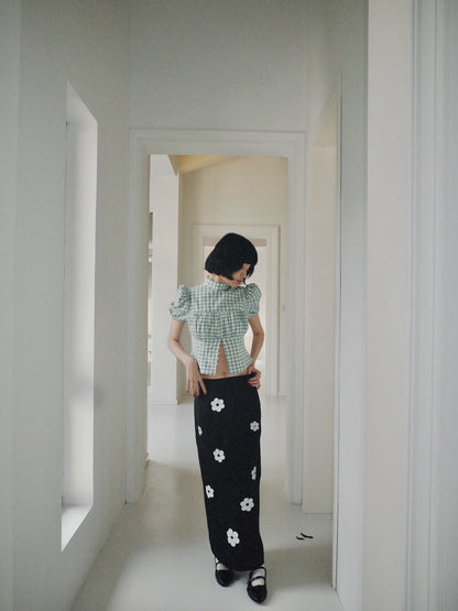 DEERTRIP | French Check | High-Neck Peplum Blouse